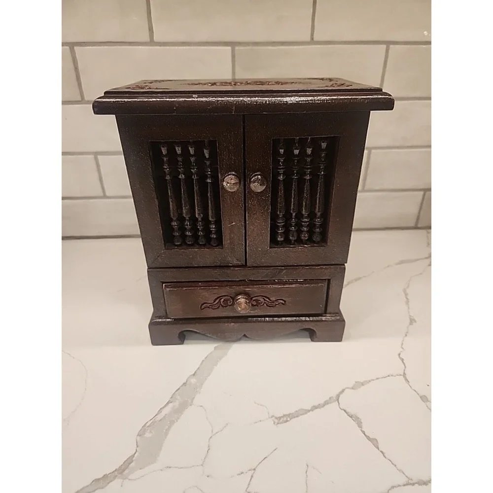 Vintage Wooden Jewelry Cabinet with Magnetic Doors & Multiple Felt Lined Drawers